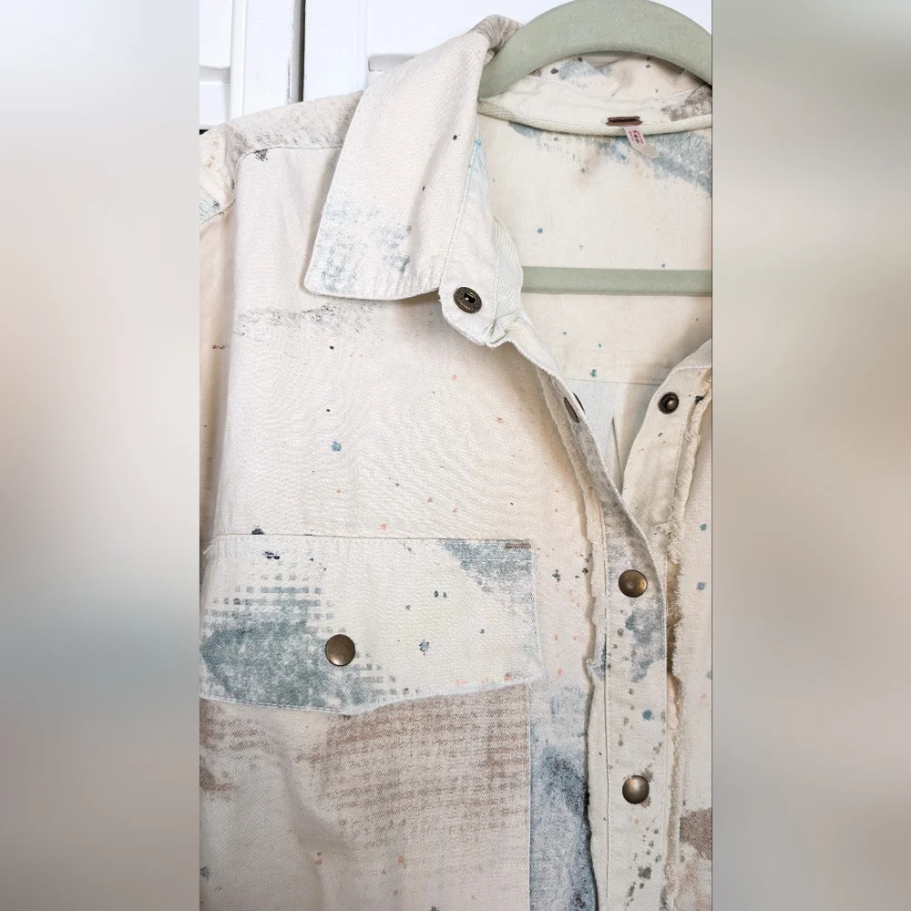 Free People Sunshine Fields Buttondown Top Splatter Denim Jacket Size S